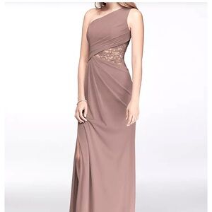 Gently used David's Bridal One-Shoulder light purple/pink dress with lace inset.